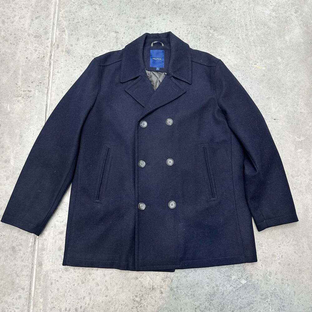 Nautica Navy Blue Wool Blend Double Breasted Pea Coat XL